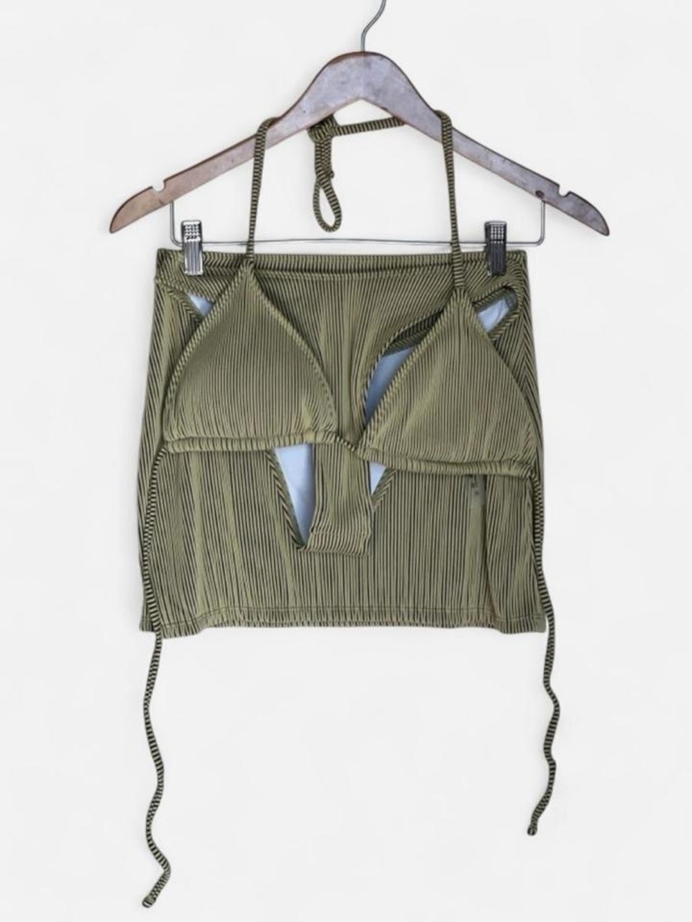 Olive Green Ribbed 3 Piece Bikini Set Mini Skirt Y2K Vacation Swim NWT